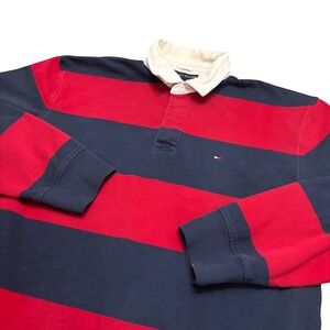 Tommy Hilfiger Craig Rugby Polo Shirt Long Sleeve Red Navy Striped Preppy L